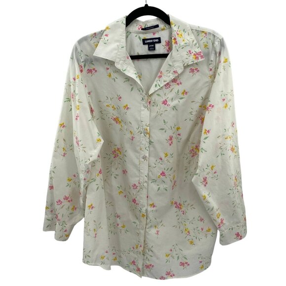 Lands' End Button Front Shirt‎ Womens Plus 20W White Floral Print Supima Cotton - Picture 1 of 7
